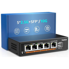 6 pieslēgvietu 2.5G Umanaged Ethernet komutators, 5 x 2.5G Base-T pieslēgvietas, 1 x 10G SFP, 10/100/1000M saderīgs, metāla bez ventilatora, darbvirsmas/uz sienas YuanLey 2.5Gbe tīkla komutators bezvadu piekļuves vietai, NAS, datoram