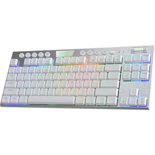 Redragon K621 TKL bezvadu mehāniskā RGB tastatūra, 5.0BT/2.4GHz/vads, 80% īpaši plāna zema profila Bluetooth tastatūra ar īpašu multivides vadību un klikšķinošiem ziliem slēdžiem, balta krāsā