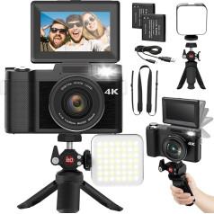 Digitālā kamera 4K 48MP Automātiskā fokusēšana Full HD Vlogošanas kamera YouTube Flip Screen Kompaktā kamera iesācējiem Vlogeri Fotogrāfija ar uzlādējamu bateriju piederumu komplektu