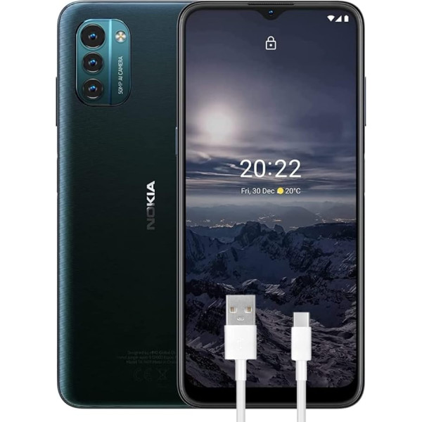 Nokia G21 viedtālrunis 4G 128 GB, 4 GB RAM, 90 Hz HD+, trīskāršā kamera 50 MP, akumulators 5050 mAh, ātrā uzlāde, Dual SIM, versija ar papildu USB C tipa 1 m kabeli, ziemeļnieciski zils, displejs 6,5 collas