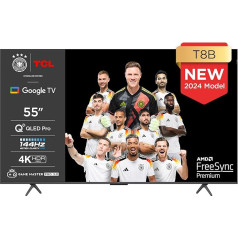 TCL 55T8B 55-Zoll QLED Pro 144Hz Onkyo Gaming Fernseher, 4K UHD, HDR Pro, Google TV (Dolby Vision IQ & Atmos, Motion Clarity, Freihändige Sprachsteureung, Kompatibel mit Google Assistant & Alexa)