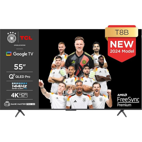 TCL 55T8B 55-Zoll QLED Pro 144Hz Onkyo Gaming Fernseher, 4K UHD, HDR Pro, Google TV (Dolby Vision IQ & Atmos, Motion Clarity, Freihändige Sprachsteureung, Kompatibel mit Google Assistant & Alexa)