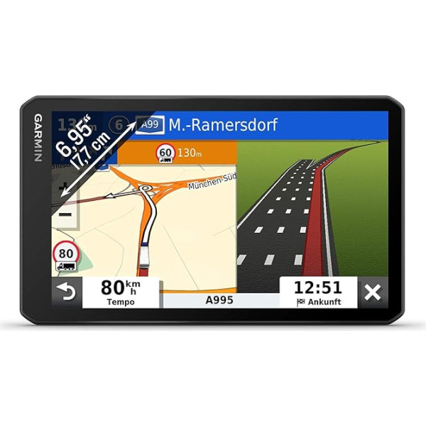 Garmin dēzl LGV700 MT-S Truck Sat Nav ar 6,95 collu skārienjūtīgo displeju un iepriekš instalētām 3D ES navigācijas kartēm, tiešraidē pieejamu satiksmes informāciju, transportlīdzeklim pielāgotu maršrutu, brīdinājuma paziņojumiem, autost