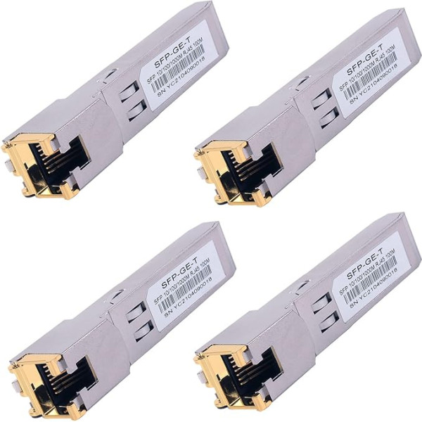 4 x 1000BASE-T Gigabit SFP to RJ45 Copper Ethernet Modular Transceiver for Cisco, Meraki, Ubiquiti, D/TP Link, Supermicro, Netgear, Broadcom, 1.25G SFP-T CAT5E/CAT6 līdz 100 m Mikrotik S-RJ01