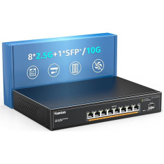 YuanLey 9 portu 2.5G PoE komutators bez vadības, 8 x 2.5G Base-T PoE porti, 10G SFP, IEEE802.3af/at, 120 W, saderīgs ar 100/1000/2500Mbps, metāla bez ventilatora, 2.5Gbe tīkla komutators, darbvirsmas/stenda uzstādīšanai