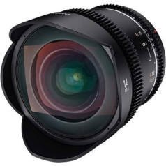 SAMYANG MF 14 mm T3.1 VDSLR MK2 MFT - spilgts T3.1 īpaši platleņķa kino un video objektīvs MFT montāžai, 14 mm fiksēts fokusa attālums, sekojošās fokusēšanas spraudņi, pilna kadra un APS-C 8K izšķirtspēja, melns