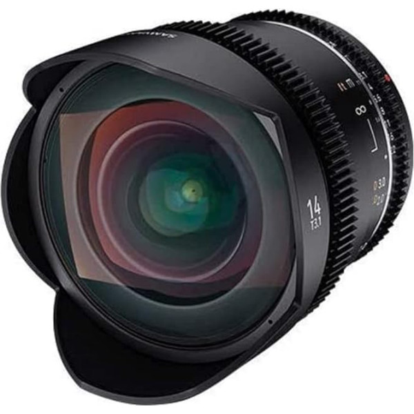 SAMYANG MF 14 mm T3.1 VDSLR MK2 MFT - spilgts T3.1 īpaši platleņķa kino un video objektīvs MFT montāžai, 14 mm fiksēts fokusa attālums, sekojošās fokusēšanas spraudņi, pilna kadra un APS-C 8K izšķirtspēja, melns