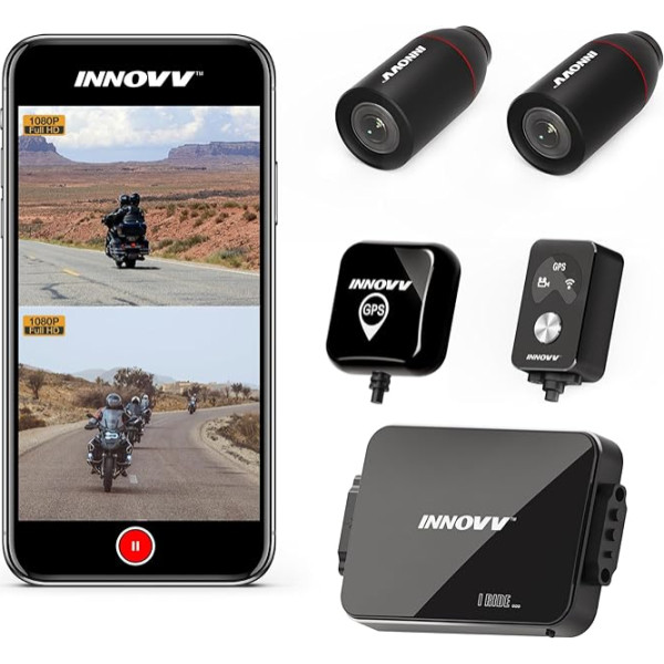 INNOVV K3 Momotorcycle Dash Cam priekšējā un aizmugurējā FHD1080P/30FPS, IP67 ūdensizturīga moto kamera ar Wi-Fi, GPS, stāvvietas režīmu un 120° Angel, atbalsta 256GB Max (SD karte nav iekļauta)