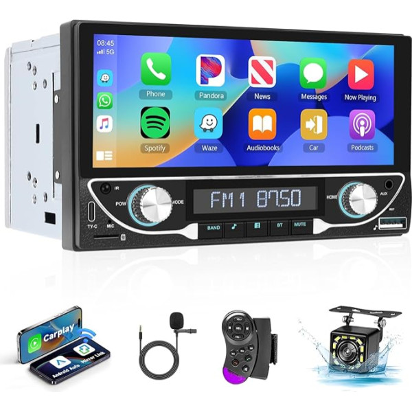 Hodozzy Double DIN auto radio ar bezvadu Carplay un Android Car, 6,86 collu HD skārienjūtīgais ekrāns, 2 DIN auto radio ar Bluetooth, Mirror Link, atpakaļgaitas kameru, FM EQ SWC Auto MP5 atskaņotājs USB/TF/AUX