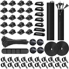 156 Pieces Cable Management Kit, 2 Cable Sleeves, 5 Adhesive Silicone Cable Clips, 20 Cable Ties, Organizer Extension, 27 Clips, Self Adhesive Cables, 100 Cable Ties