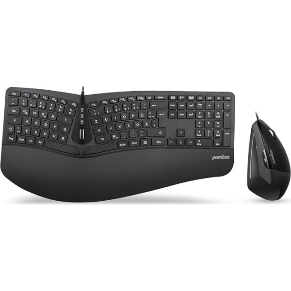 Perixx Periduo-505, ergonomisks tastatūras un vertikālās peles komplekts, sadalīta tastatūra, 4 virzienu ritināšanas ritenītis, regulējams plaukstas balsts, plakanas pogas, USB vadu DE QWERTZ