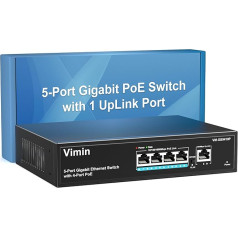 VIMIN 4 prievadų Gigabit PoE komutatorius su 1 Gigabit Uplink prievadu, 5 prievadų nevaldomas Ethernet PoE komutatorius su 72 W galia, palaiko IEEE802.3af/at, VLAN, montuojamas ant darbastalio arba sienos, Plug & Play