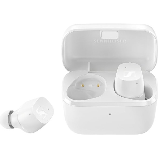 Sennheiser CX True Wireless In-Ear austiņas ar pasīvo trokšņu slāpēšanu, regulējamu skārienjūtīgu darbību, basa pastiprināšanu, aizsardzību pret šļakatām (IPX4) un 27 stundu akumulatora darbības laiku, baltas, CX TW White, mazas