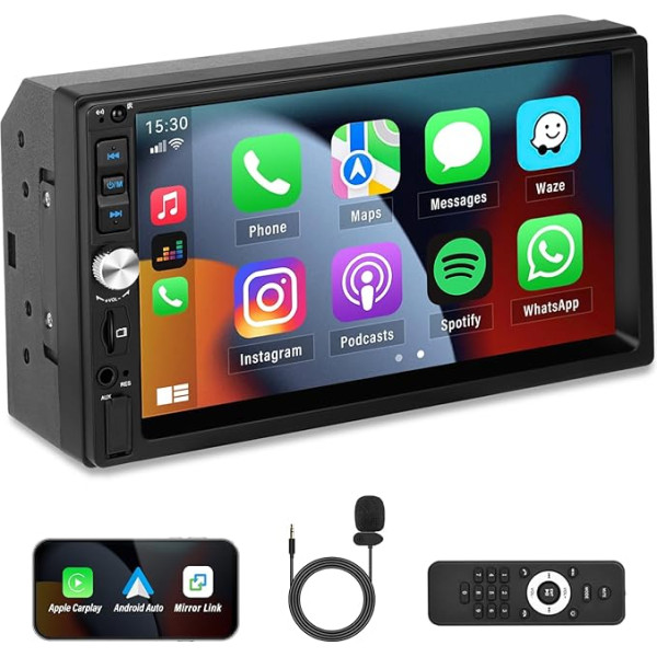 Double DIN auto radio ar Carplay Android auto, 7 collu LCD skārienjūtīgā ekrāna multimediju atskaņotājs audio stereo ar Bluetooth 5.1 FM EQ AUX Mirror Link SWC Krāsains fona apgaismojums Tālvadības pults tehnoloģija