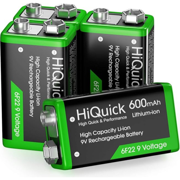 HiQuick 9 V akumulators, 9 V bloka baterijas, 600 mAh li-jonu uzlādējams akumulators, 1200 uzlādes cikli, 4 uzlādes ciklu komplekts, paredzēts dūmu detektoram, multimetram, signalizācijas sistēmai, skrustošajam radioaparātam