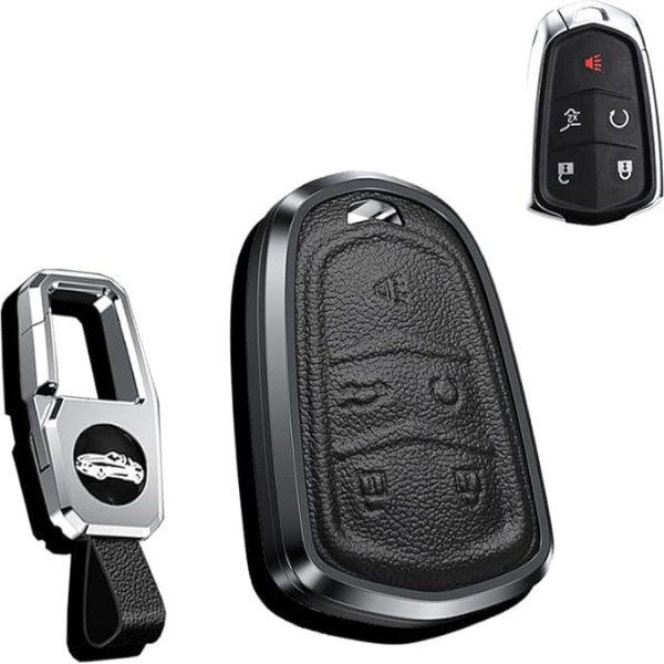 HIBEYO Key Case Fits Cadillac Protective Car Key Case Cover Leather for Escalade ESV ATS XT5 XTS ATSL CT6 Cts SRX Remote Control Key Shell Aluminium Alloy 5 Buttons Black