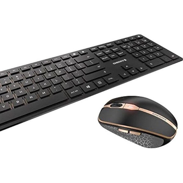 CHERRY DW 9000 SLIM, kabelloses Tastatur- und Maus-Set, EU-Layout, QWERTY Tastatur, wiederaufladbare Akkus, SX Scherenmechanik, flüsterleiser Tastenanschlag, Schwarz-Bronze