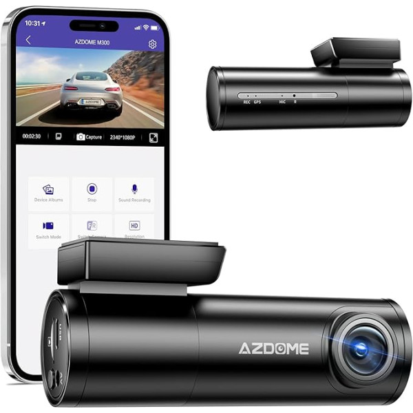 AZDOME FHD 1296P Dash Cam WiFi ar lietotnes vadību, balss vadība angļu valodā, 170° platleņķis, super nakts redzamība, cilpas ierakstīšana, G-sensors, autostāvvietas uzraudzība, superkondensators (M300)