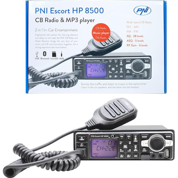 PNI Escort HP 8500 ASQ CB radiostacija un MP3 atskaņotājs + austiņas ar mikrofonu