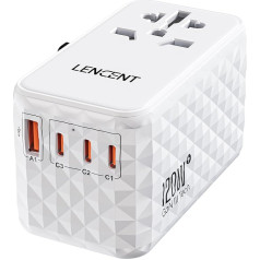 LENCENT universāls ceļojuma adapteris 120 W ātrai uzlādei, starptautisks ceļojuma kontaktdakšu adapteris A/C/G/I tipa (UK, EU, AU, US) rozetēm, 1 USB-A un 3 USB-C PD ātrai uzlādei mobilajiem tālruņiem, klēpjdatoriem, balts