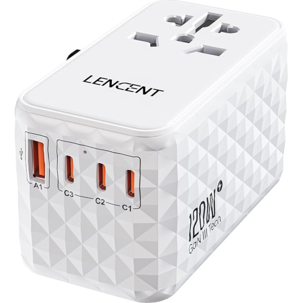 LENCENT universāls ceļojuma adapteris 120 W ātrai uzlādei, starptautisks ceļojuma kontaktdakšu adapteris A/C/G/I tipa (UK, EU, AU, US) rozetēm, 1 USB-A un 3 USB-C PD ātrai uzlādei mobilajiem tālruņiem, klēpjdatoriem, balts