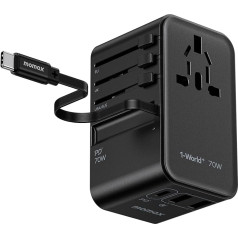 MOMAX ceļojuma adapteris 70W GaN ar lādēšanas kabeli USB C, starptautisks universāls adapteris ar 2UAB A / 2USB C ASV, Apvienotajai Karalistei, Japānai, ES, Austrālijai un Kanādai