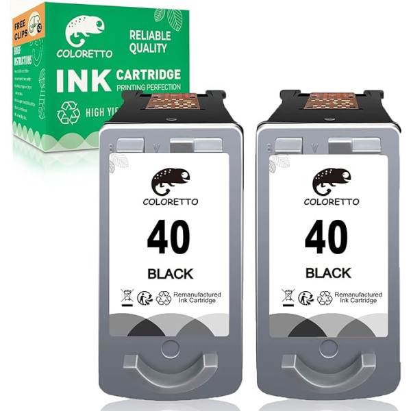 COLORETTO atjaunota tintes kasetne Canon PG-40XL 40 XL (2 melnas krāsas) izmantošanai ar Pixma Inkjet MP140 MP450 iP1200 iP2200 iP2500 Ip2600 MX300