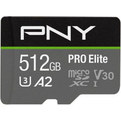 PNY PRO Elite 512GB microSDHC-Speicherkarte + SD-Adapter, 100MB/s Lesegeschwindigkeit, 90MB/s Schreibgeschwindigkeit, Klasse 10 UHS-I, U3, A2 App Performance, V30 für 4K-Video