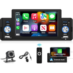 Stereo sistēma 1 DIN Con Schermo Atbalsta vadu Carplay un Android Car, 5 collu Bluetooth 5.1 skārienjūtīgais ekrāns Stereo sistēma ar FM/AUX ieeju/USB/SWC/Mirror Link + 12LED atpakaļgaitas kamera