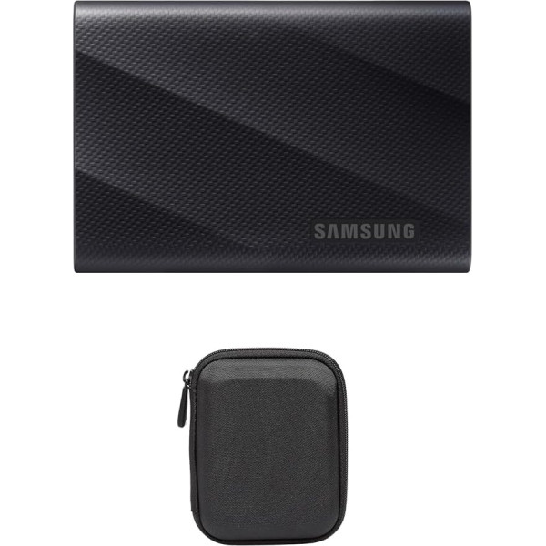 Samsung MU-PG2T0B/EU Portable SSD T9, 2 TB, 2 000 MB/s nolasīšanai, 1 950 MB/s ierakstīšanai, USB 3.2 Gen.2x2, dators, viedtālrunis un 12K fotokameras, MU-PG2T0B/EU + Amazon Basics cietā diska futrālis, melns