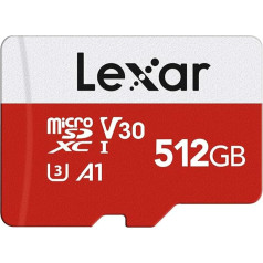 Lexar E-Series 512GB Micro SD karte, microSDXC UHS-I zibatmiņas karte ar adapteri, 100MB/s, C10, U3, A1, V30, Full HD, 4K UHD, ātrgaitas TF karte