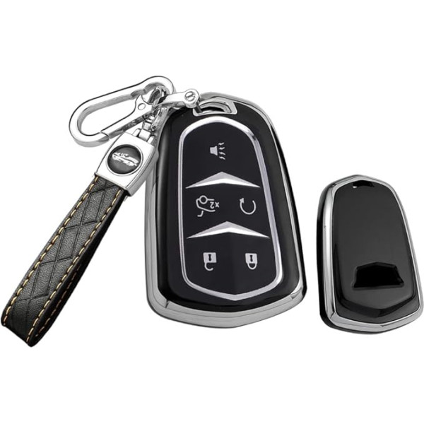 HIBEYO Intelligent Car Key Case Fits Cadillac Key Case Silicone Protective Case for Cadillac XT5 XT4 XTS CT4 Cts ATS SRX Escalade ESV Key Case 5 Buttons Leather Key Ring Black