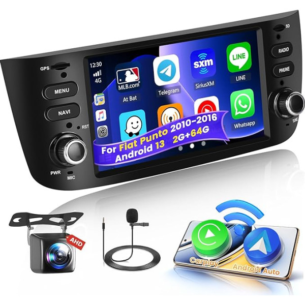 Hikity Bezvadu Carplay auto radio ar satelīta navigāciju Fiat Punto (2010-2016)/Linea (2012-2015) Android 13 6,2 collu 2G 64G auto radio ar Bluetooth WiFi FM RDS Mirror Link Android auto SWC MIC aizmugures skats