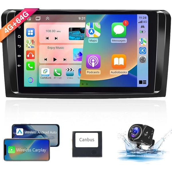 【8 Kern 4+64G】 Hodozzy Carplay Autoradio für Mercedes-Benz GL ML Klasse W164 X164 2005-2011, 9 Zoll Touchscreen Android Autoradio mit Android Auto/WiFi/GPS/RDS/Bluetooth/USB+Rückfahrkamera