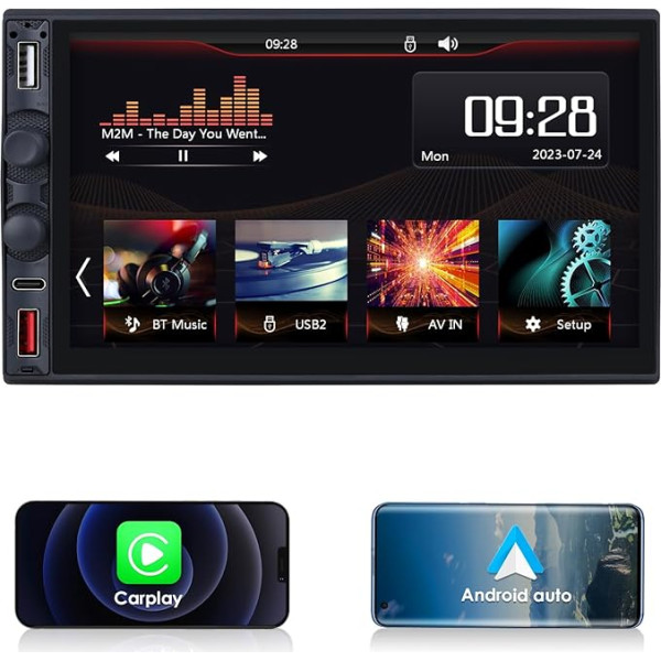 KooDux Auto Radio Stereo 7 collu Double DIN kreisā stūres stūre Bezvadu Apple CarPlay Android automašīnai, Mirrorlink/Mobile uzlāde, Bluetooth, USB tālruņi, mūzikas atskaņošana, radio, auto navigācija