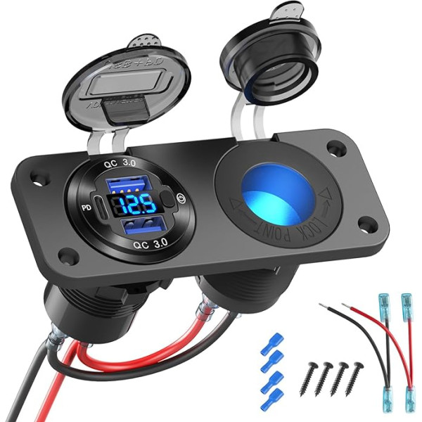 12 V USB Socket USB C Panel Plug PD3.0 and Dual QC3.0 USB Ports Aluminium Car Charger with LED Voltmeter Switch, Illuminated 150 W Cigarette Lighter Socket 2 in 1 DIY Kit