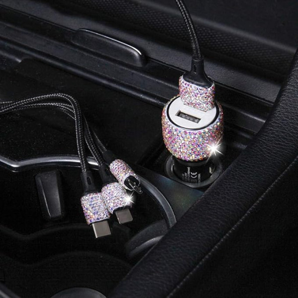 Cigarette Lighter USB Charger Rhinestones Crystal Bling Glitter Diamond Car Charger Dual USB Car Charger Compatible with iPhone GalaxyHuawei Car Mobile Phone Chargers & Quick Charging Cable, AB Colour