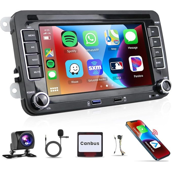 Podofo Android 2Din auto radio VW Tiguan Golf 5 Skoda Passat Polo Bezvadu Carplay Android automašīnai ar 7 collu ekrānu, Carplay displejs ar GPS/WiFi/AHD atpakaļgaitas kameru FM/RDS 36/40/52 Pin kabelis,