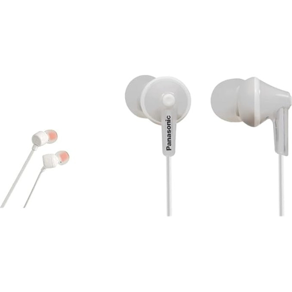 JBL Tune 110 In-Ear austiņas un Panasonic RP-HJE125E-W In-Ear austiņas - trīs pāri, 10-24 000 Hz, 1,1 m kabelis, balts