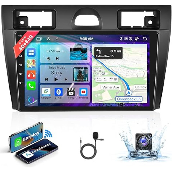 【4G+64G】 Podofo Wireless Carplay Android Auto 9''Android Autoradio Für Ford Fiesta 2006-2011 Octa-Core Bluetooth mit Bildschirm mit GPS Navi + AHD Rückfahrkamera HiFi/RDS/FM Radio DAB+