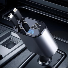 AmazeFan Retractable Car Charger - 60 W Fast Charger, 4 in 1 Car Charger with iPhone and Type-C Cable, USB Cigarette Lighter Adapter Charger Compatible with iPhone/Galaxy/Samsung/Pixel/Google/Huawei