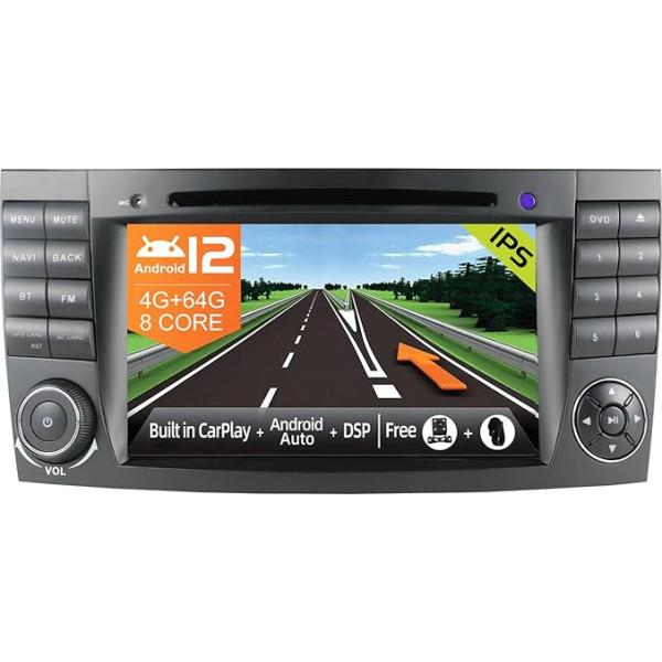 JOYX Android 12 Auto radio piemērots Benz E klasei W211 CLS klasei W219 - [4G+64G] - [Iebūvēts DSP + Carplay + Android Car] - LED kamera Bez mikrofona - Vadāms no stūres 4G WiFi BT DAB - 2 DIN 7 collu