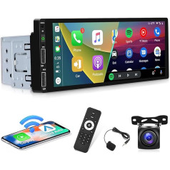 1 DIN Car Radio with Wireless Carplay and Android - 6.86 Inch Screen Radio - Mirror Link Steering Wheel Control FM BT 7 Colour Backlight + Microphone and Reversing Camera