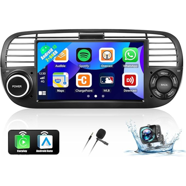 OiLiehu 2+64G Android 13 Autoradio 2din für FIAT 500 2007-2015 mit Wireless CarPlay Android Auto, 7 '' Bildschirm mit Navi Bluetooth GPS FM RDS WiFi SWC EQ HiFi + Rückfahrkamera, Schwarz