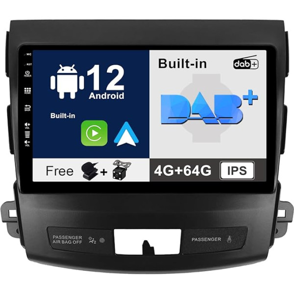 SXAUTO - Iebūvēts DAB - Android 12 IPS auto radio Mitsubishi Outlander (2008-2015) - Iebūvēts Carplay/Android Car - Kamera + Mikrofons - 4G + 64G - 360-CAM stūres vadības stūres vadība Fast Boot WiFi - 2 DIN 9