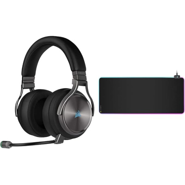 Corsair Virtuoso RGB Wireless SE High-Fidelity Gaming Headset, Gunmetal & MM700 RGB Extended Gaming Mouse Pad ar auduma virsmu (Dynamic 360° Three Zone RGB, 930 × 400 mm, USB hub), melns