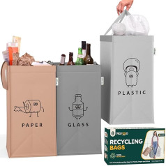 Norggo Set of 3 Rubbish Bags for Waste Separation, 40 L, 3-Compartment Waste Separation System for Paper, Plastic and Glass, Waste Separation Systems for Recycling, Recycling System for Home and