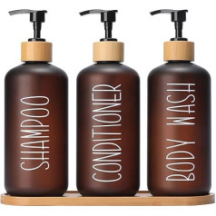 MOMEEMO Amber Duschspender-Set, enthält 3 extra dicke PET-Kunststoffflaschen mit Bambus-Pumpen, Shampoo- und Conditioner-Spender für die Dusche, perfekt für moderne Badezimmerdekor. (Bernstein)