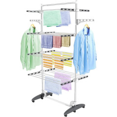 Todeco Clothes Airer Tower Foldable Laundry Tower 4 Levels Stainless Steel Tubes Tower Dryer with 6 x Wheels Top Strip Wings Mobile Tower Clothes Airer for Balcony Laundry Room Bathroom Grey