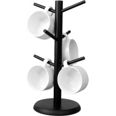 FOSFUKEER Coffee Mug Holder, Black Bamboo Mug Tree with Thicker Base, Coffee Cup Stand, Cup Holder for Counter, Coffee Mug Rack Organizer with 6 Hooks (Black)